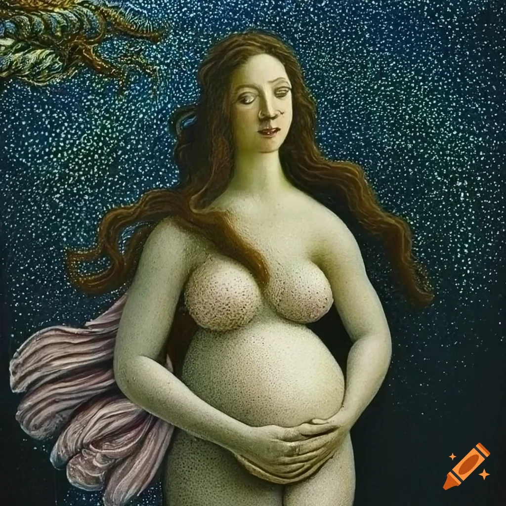 Dazzling pointillism rendition of Botticelli's Venus with realistic hair