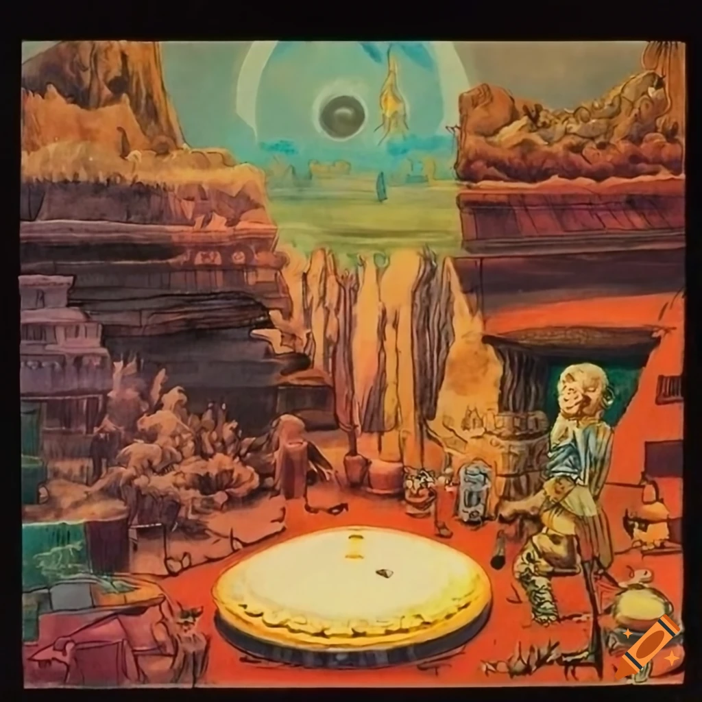 Epic 1970s mallcore sci-fi fantasy landscape illustration titled "Feast of the Starlost"