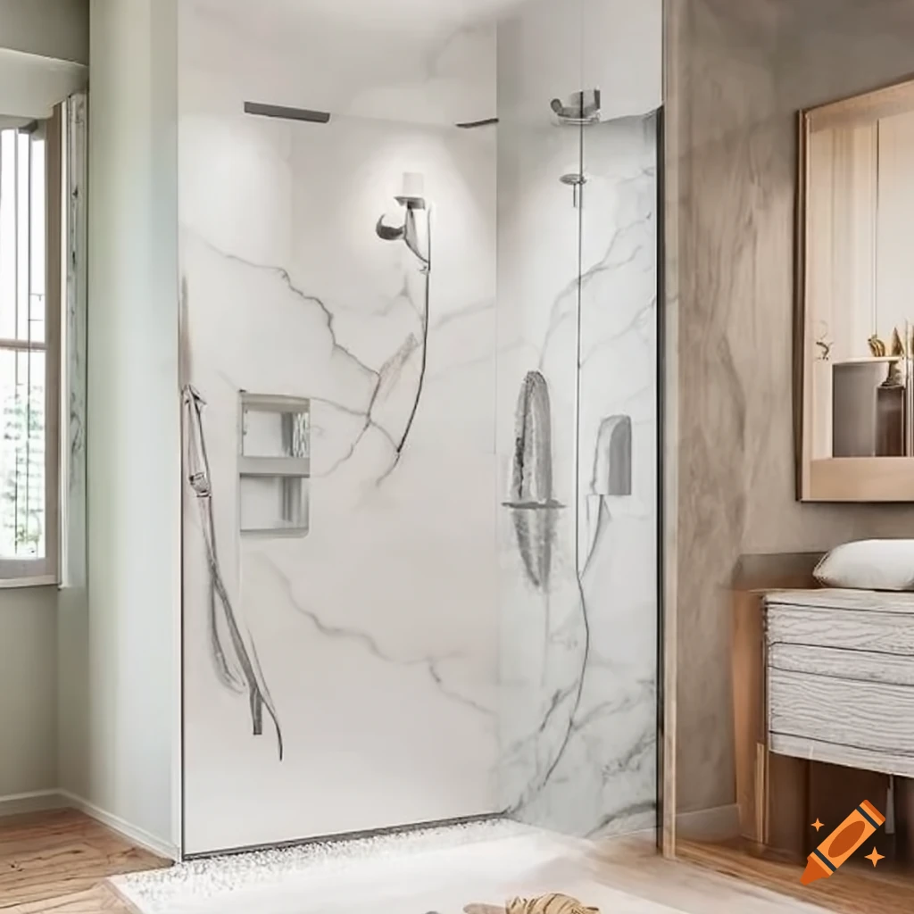 Shower walk in with statuario elegant quartz material on Craiyon