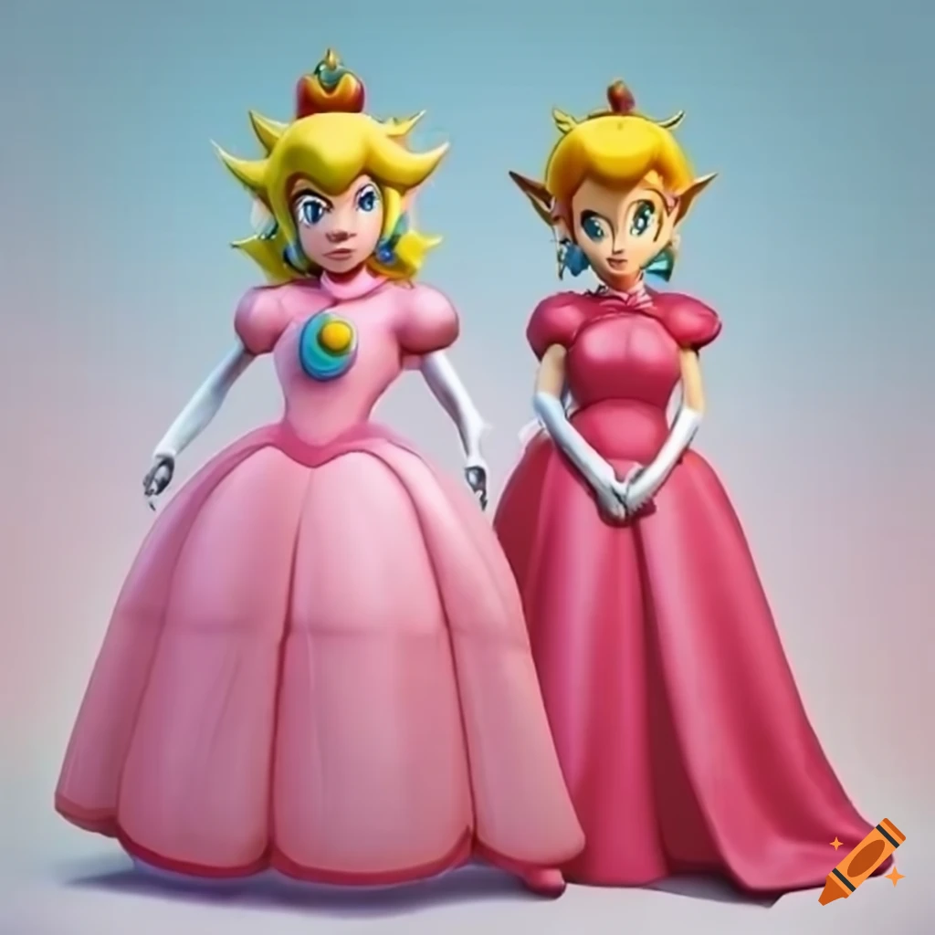 Princess peach and link in pink silk ballgowns posing together on Craiyon