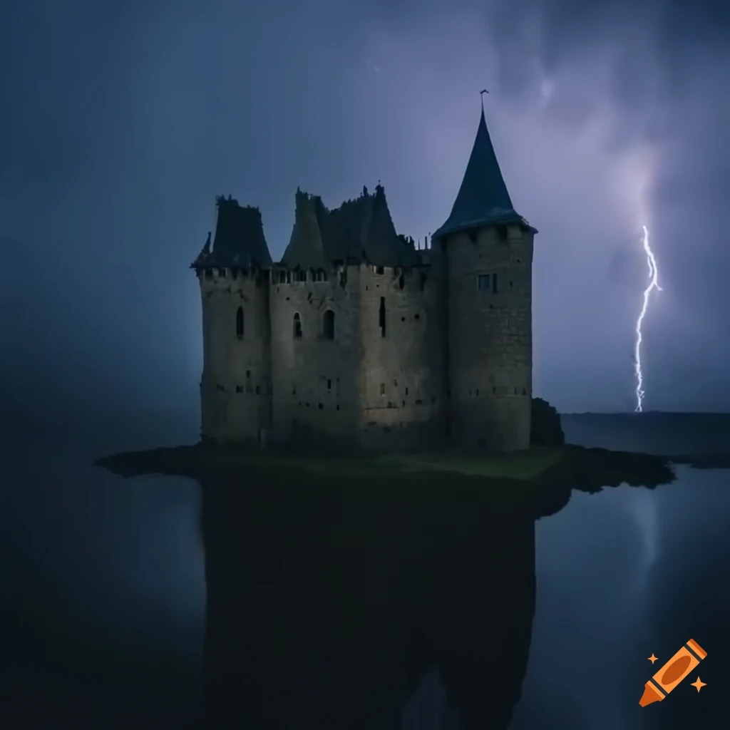 Aerial view of a medieval castle in rainy weather with lightning and thunderstorms