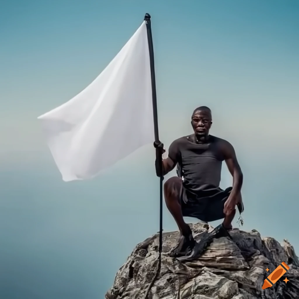 Man on mountaintop holding a white flag on Craiyon