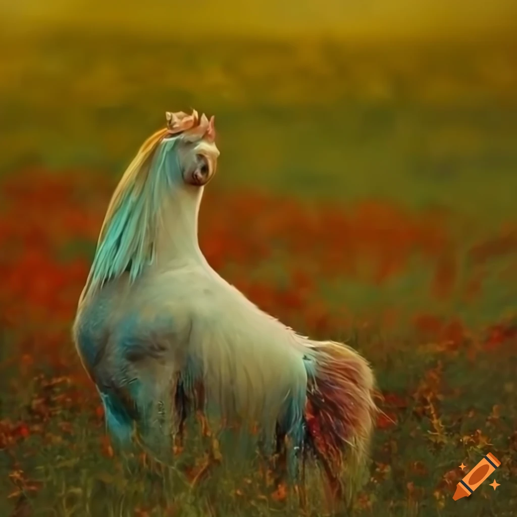 Fantasy horse-hen hybrid with colorful fur in a meadow with aqua-colored plants