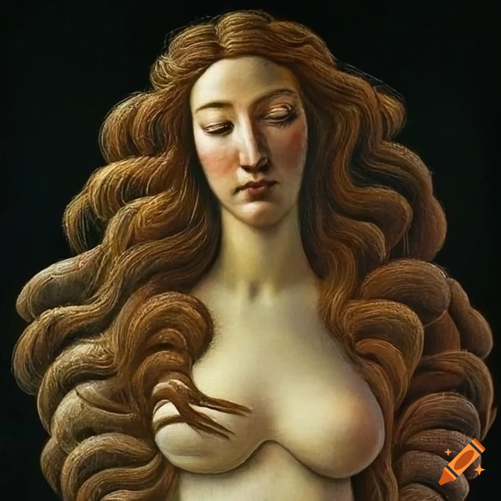 Dazzling pointillism rendition of Botticelli's Venus with realistic hair