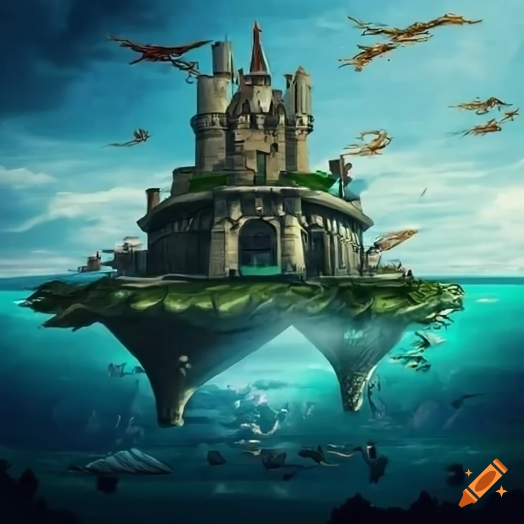 Floating castle in the sky surrounded by ruins with a dragon fighting an army in a flying ship