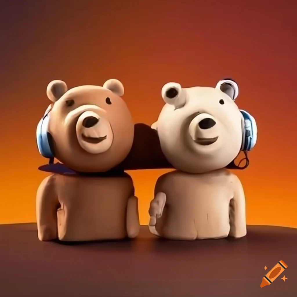 Two bears enjoying music in claymation style