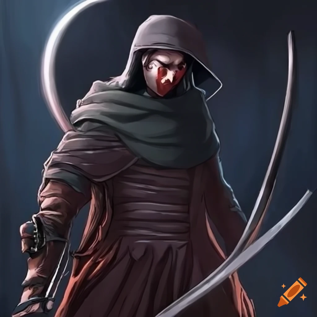Man with hoodie holding a katana and revealing red eyes under a strange hat