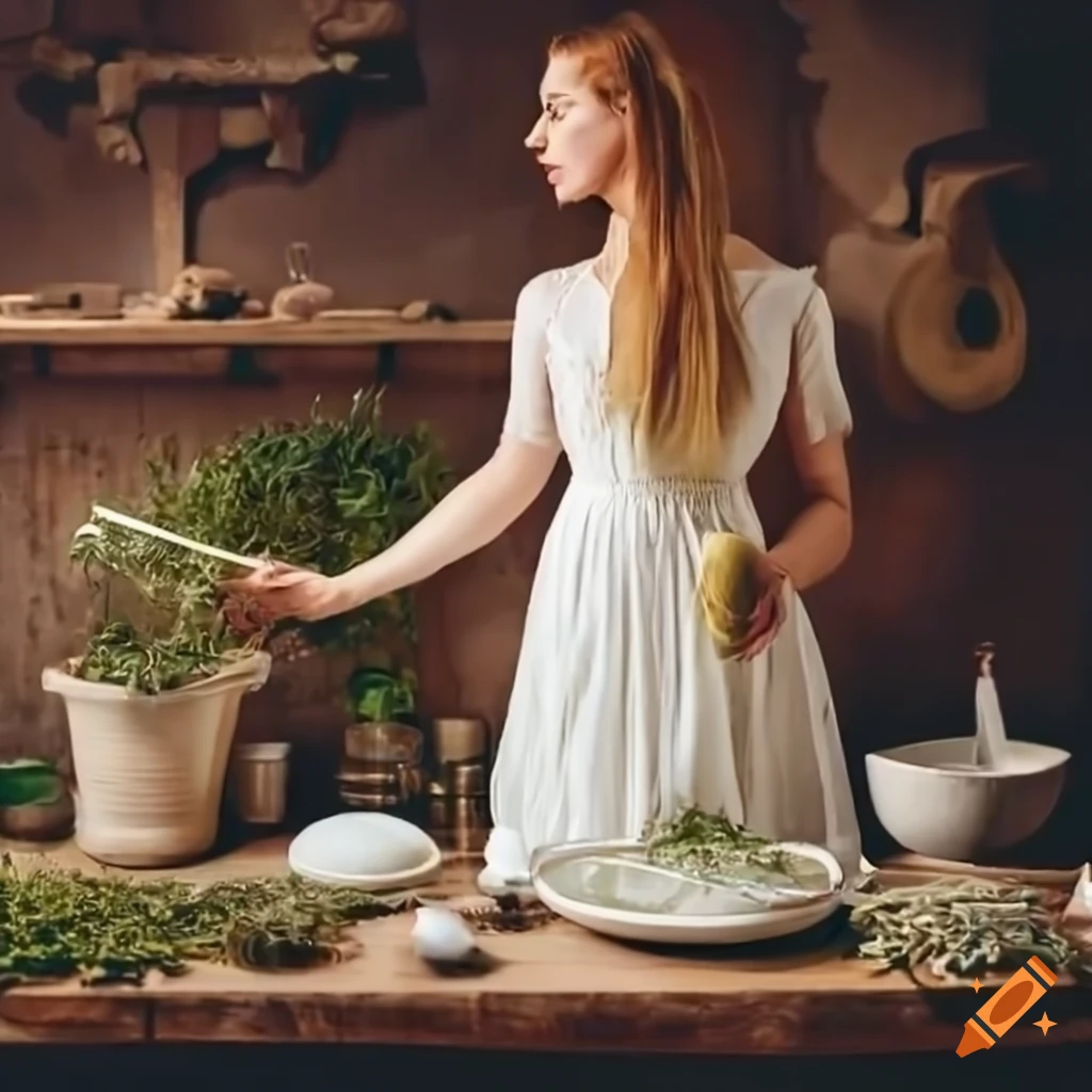 Woman in white dress preparing herbs in an ancient kitchen