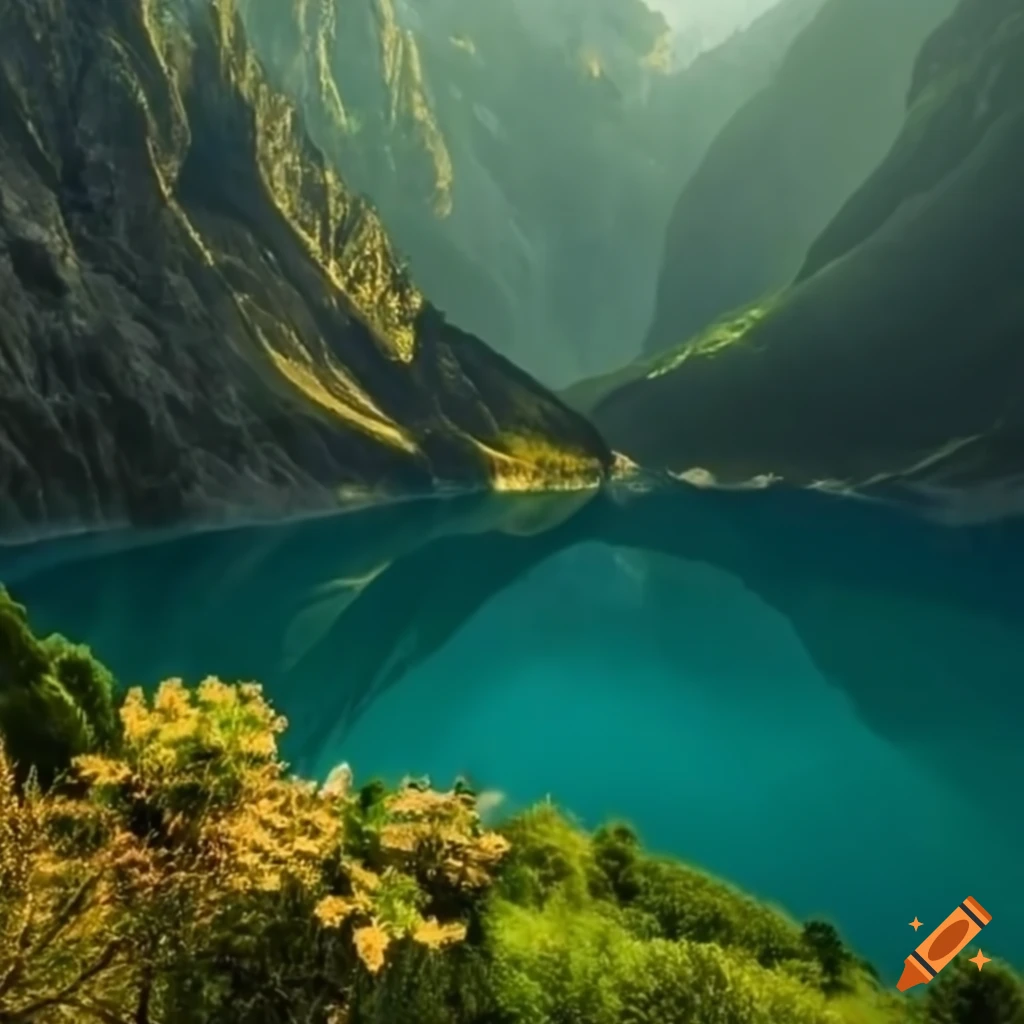Vivid lake view among lush flora and mountains with a looming presence