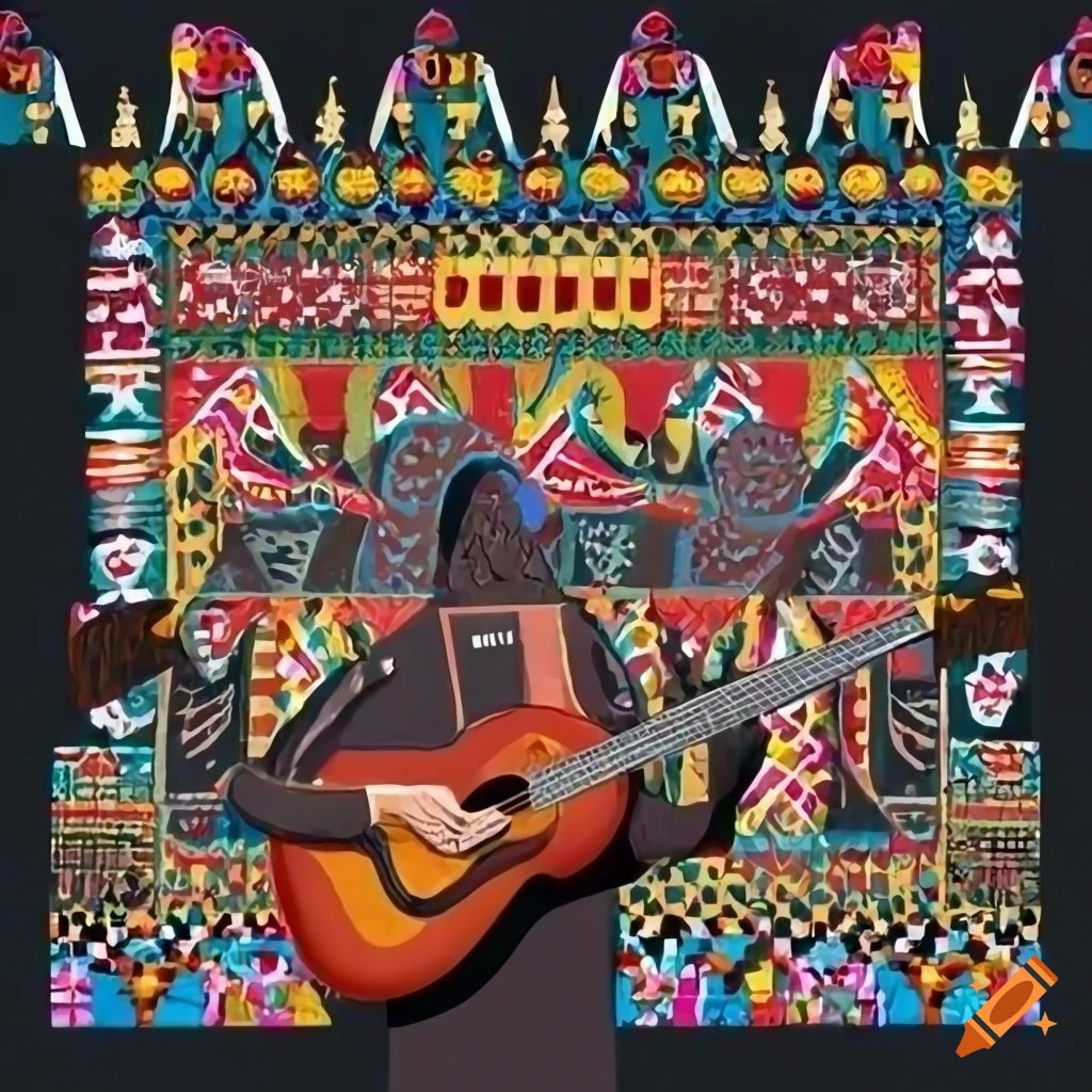 Colorful banner featuring Australian birds and Aztec designs with guitars