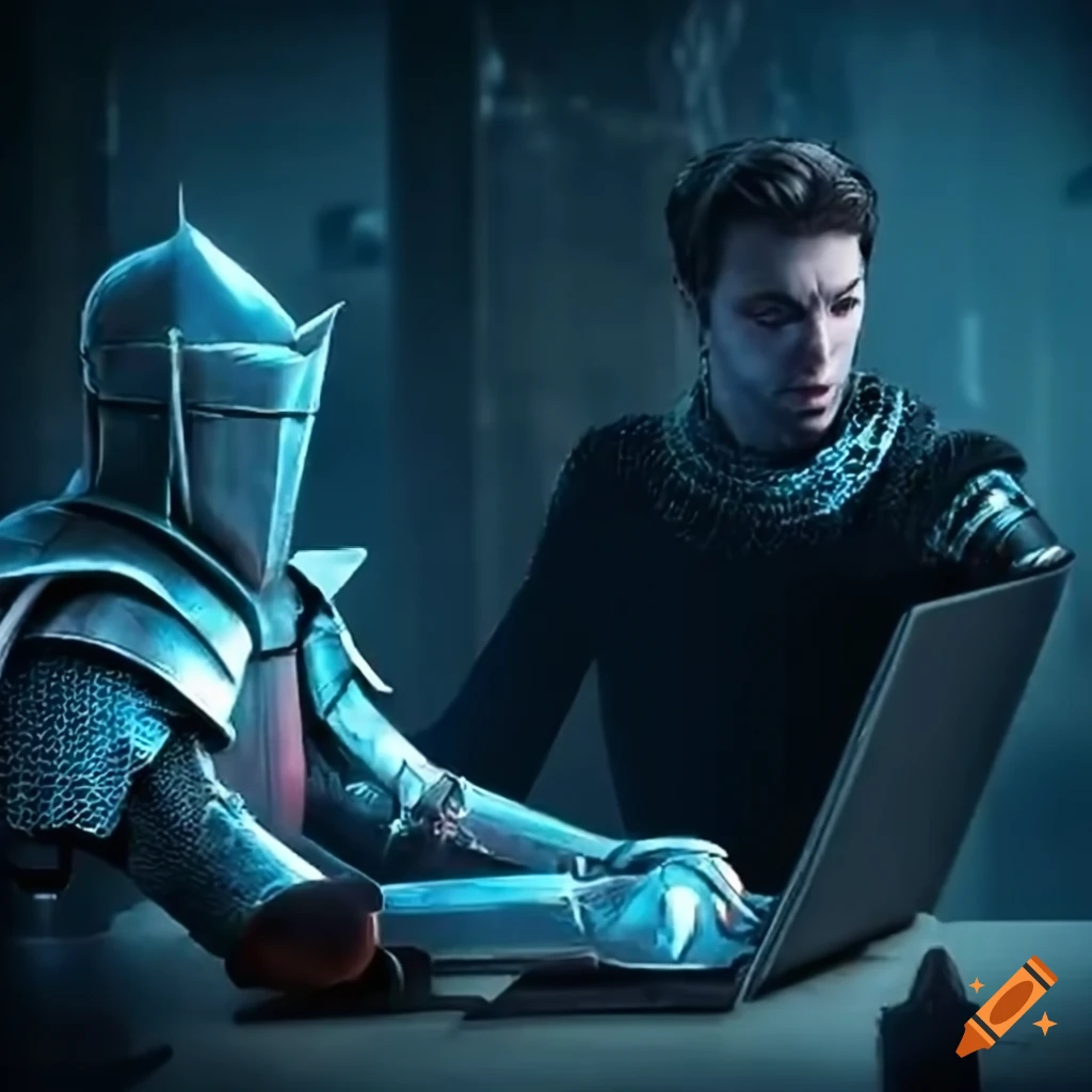 Group of knights collaborating on coding around a computer screen on ...