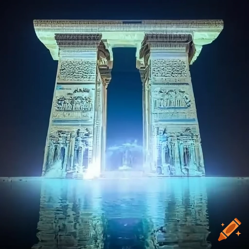 White light emanating from the Ramesseum temple in space with a quasar and white dwarf