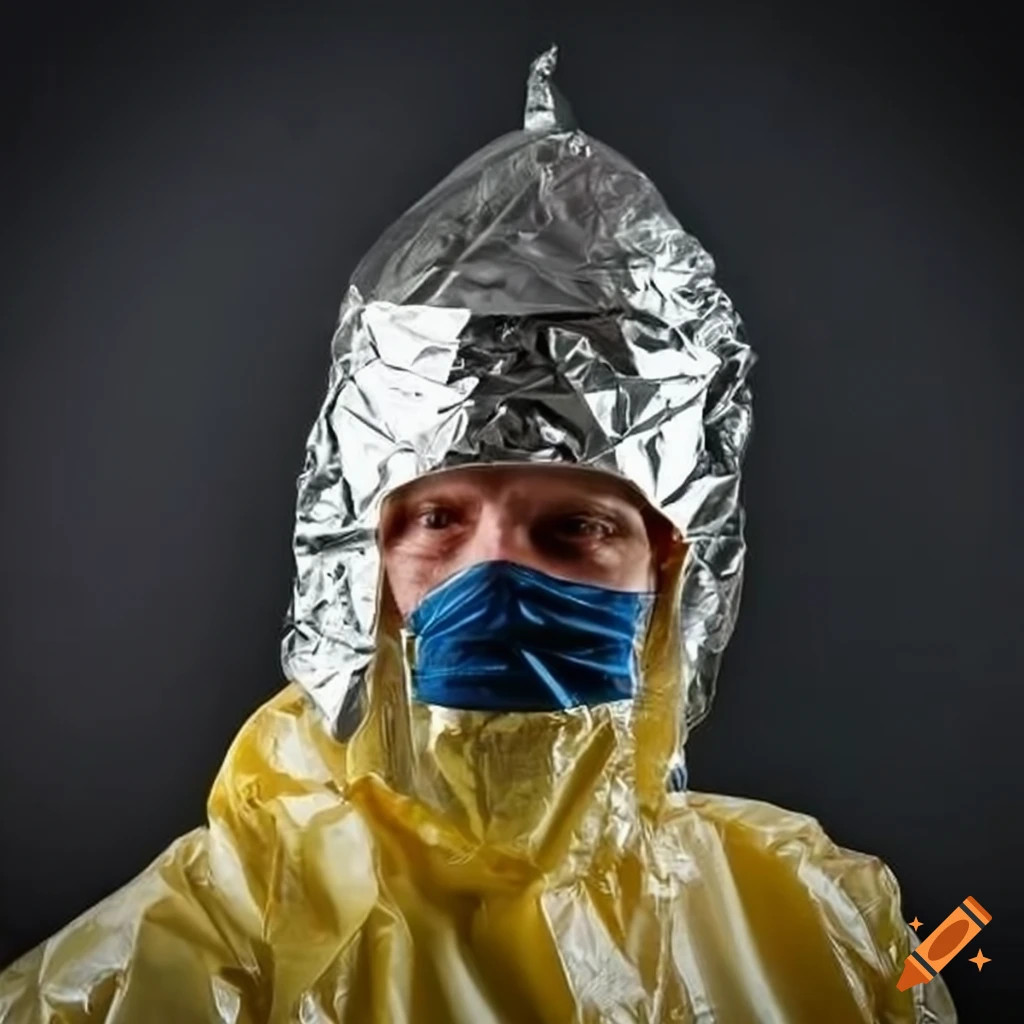 Person wearing a tin foil hat and hazmat suit on Craiyon