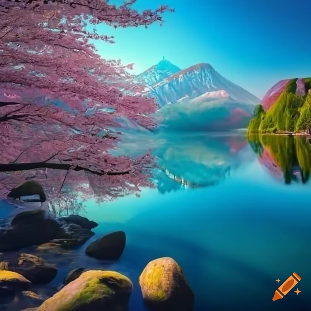 Japanese cherry trees by saltwater lake on Craiyon