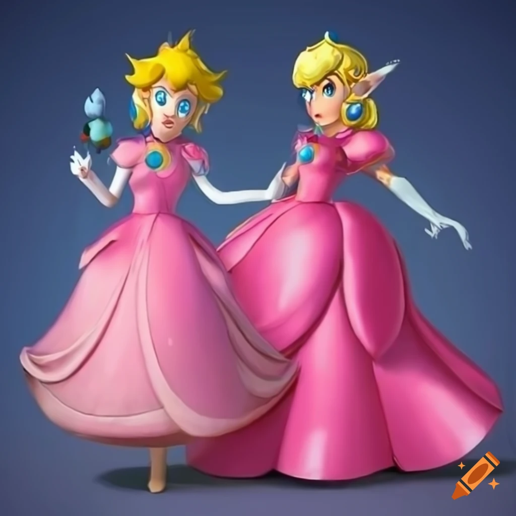Princess peach and link in pink silk ballgowns posing together on Craiyon