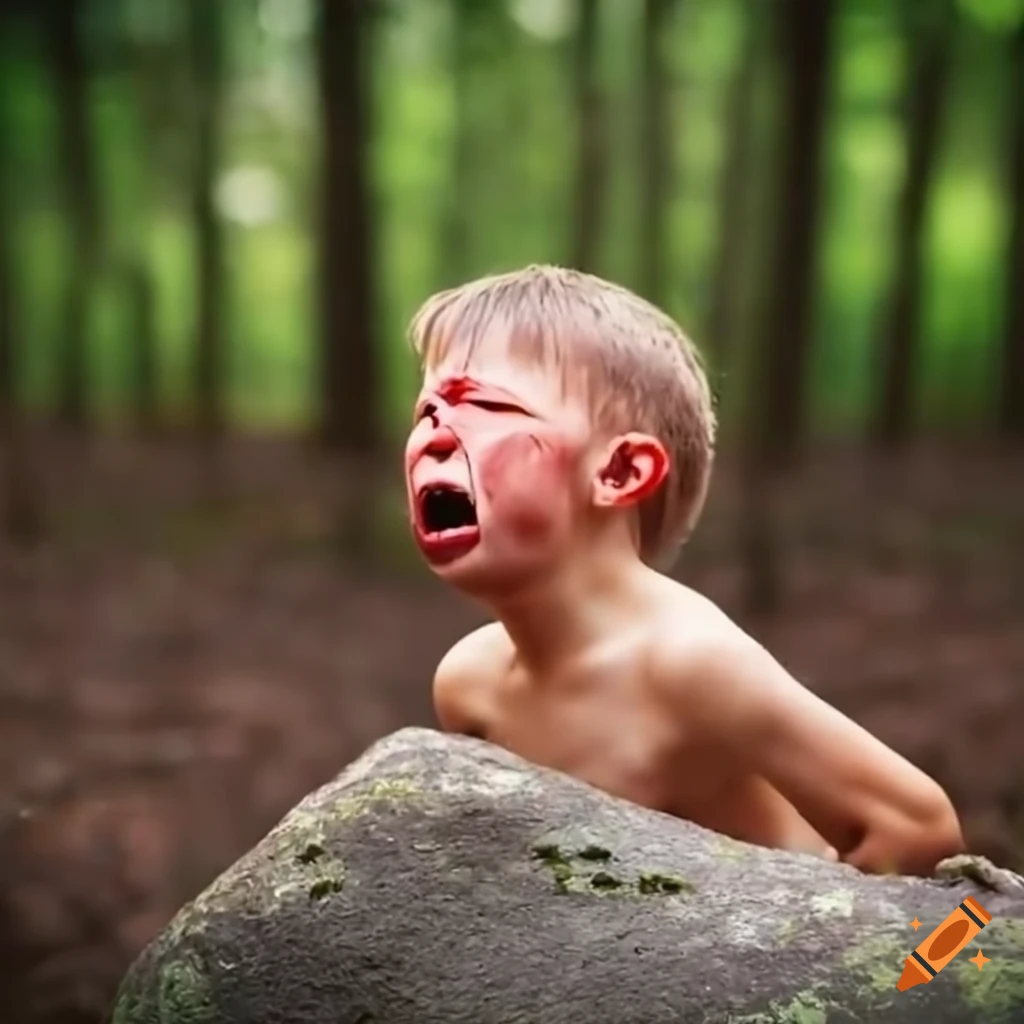 Child with a head injury crying in the forest