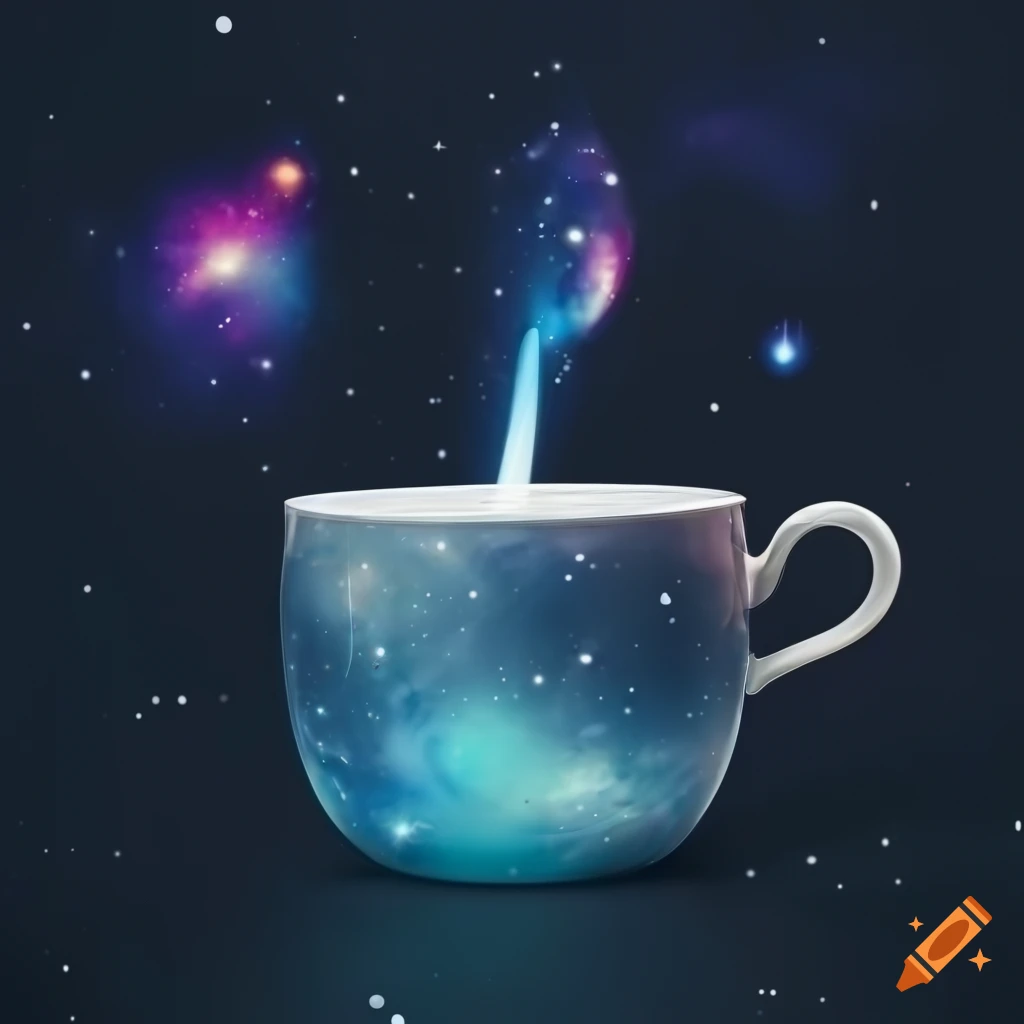 Elegant white tea cup with steam in a space and galaxy inspired design