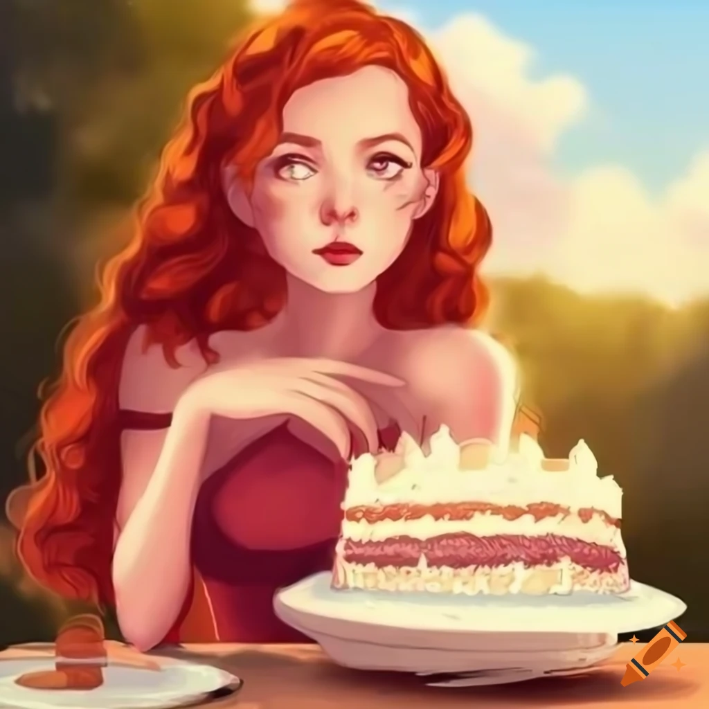 Woman with long wavy red hair sitting at a seaside table with a cake on