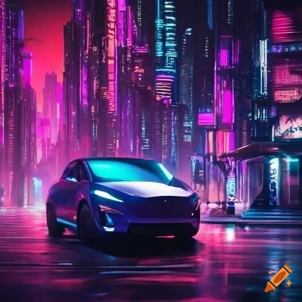 Futuristic tesla model x car in a cyberpunk cityscape at night on Craiyon
