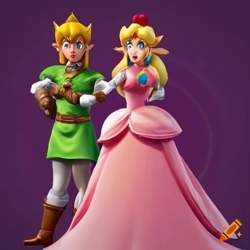 Princess Peach and Link posing together in pink silk ballgown