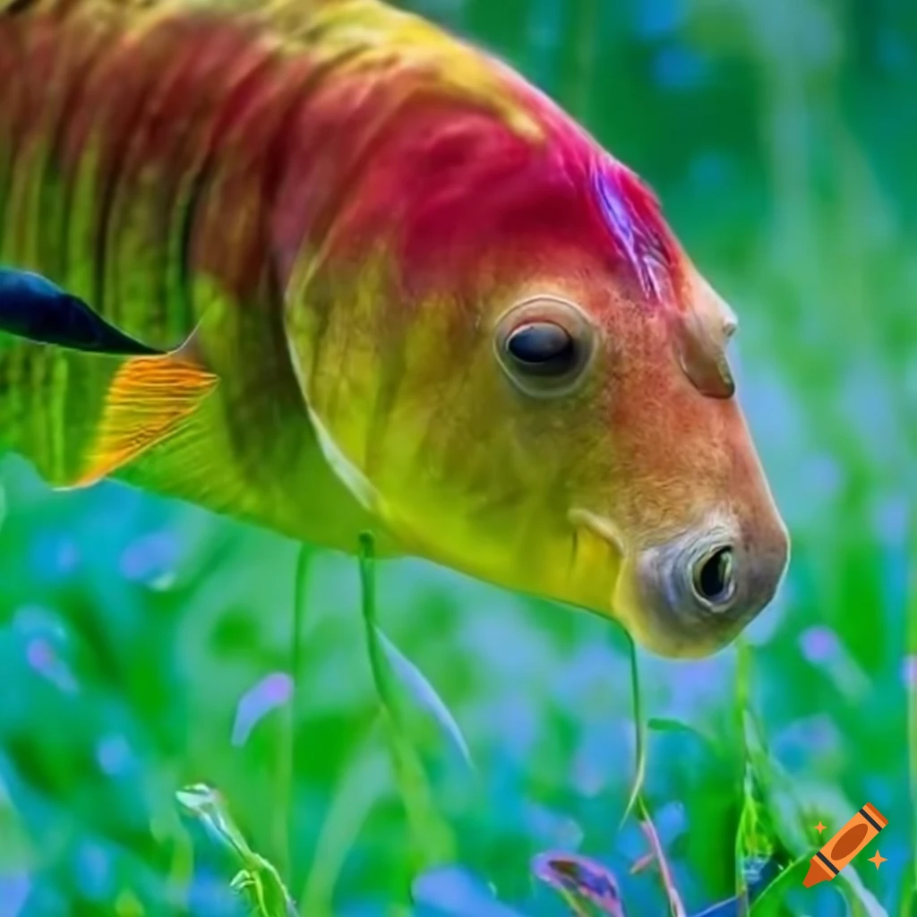 Fantasy horse-fish hybrid with colorful fur in a meadow of aqua-colored plants