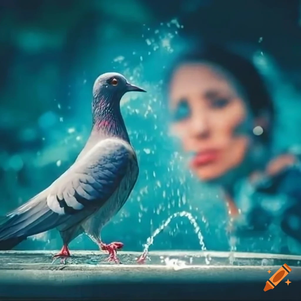Movie poster of pigeons on a fountain in Puerto Rico with a woman looking into the distance