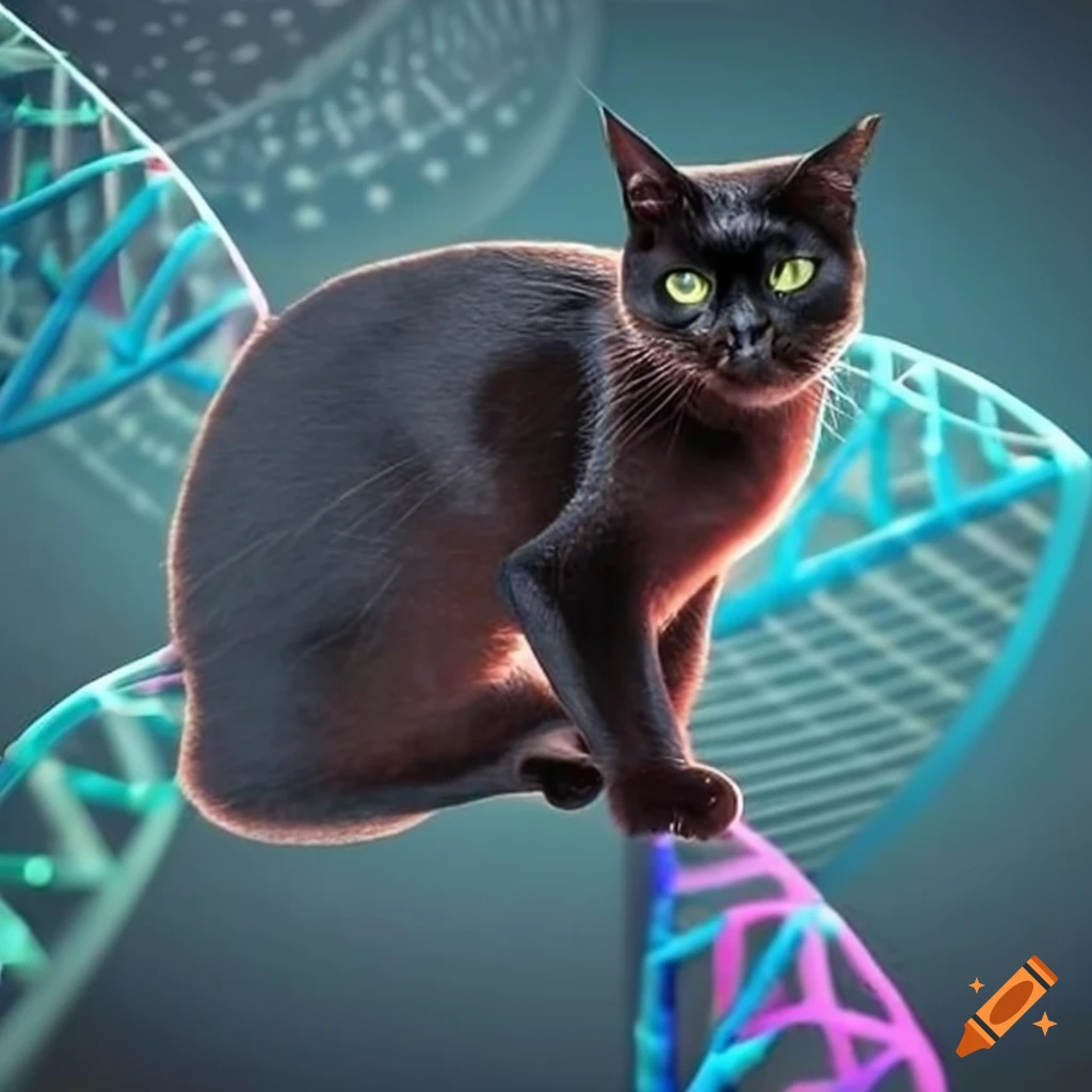 Graceful black cat in a science and molecular biology backdrop