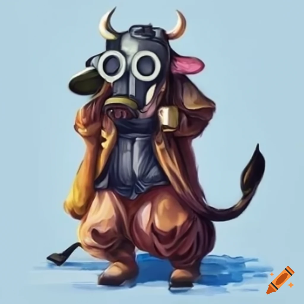 Cow fursona wearing a gas mask in a full body pose