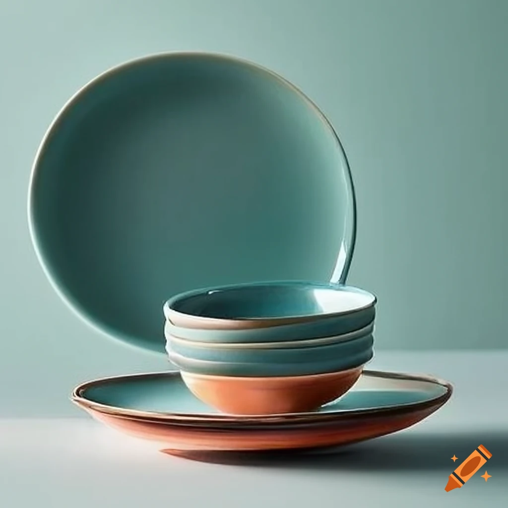 Ceramic kitchen cups, plates, and bowls on Craiyon