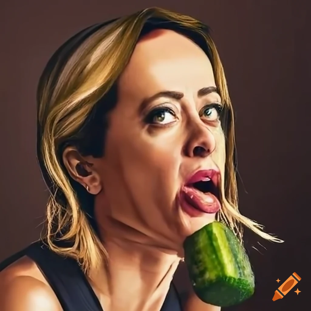 Giorgia Meloni eating a cucumber in a room crowded with journalists