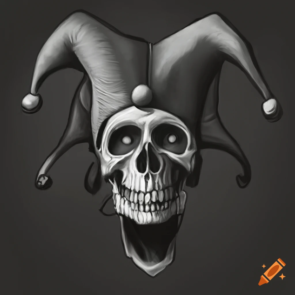 Jester hat on a skull with dark background on Craiyon