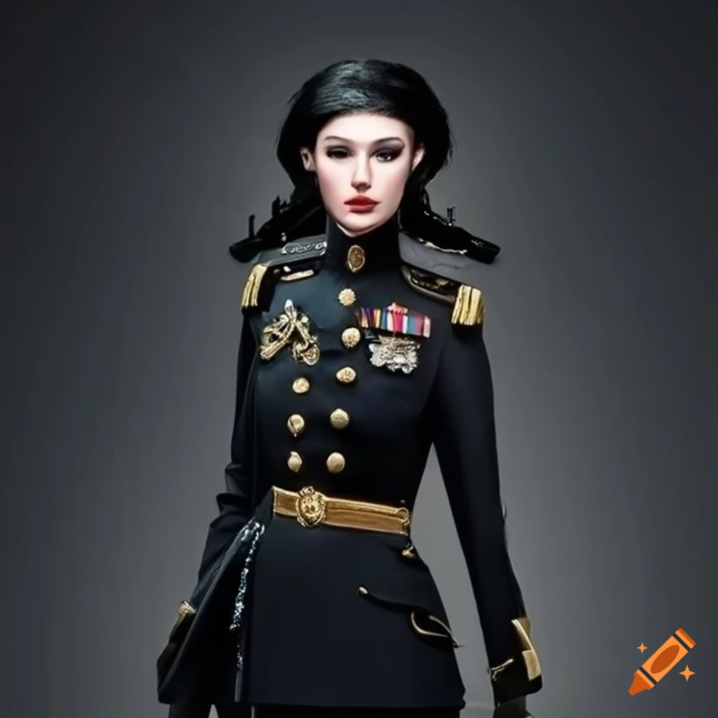 Female military general in black dress uniform with insignias and medals on  Craiyon