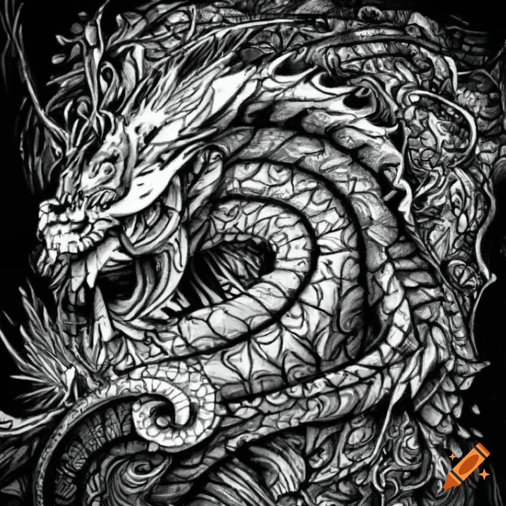 Intricate black and white ink drawing of an eastern dragon