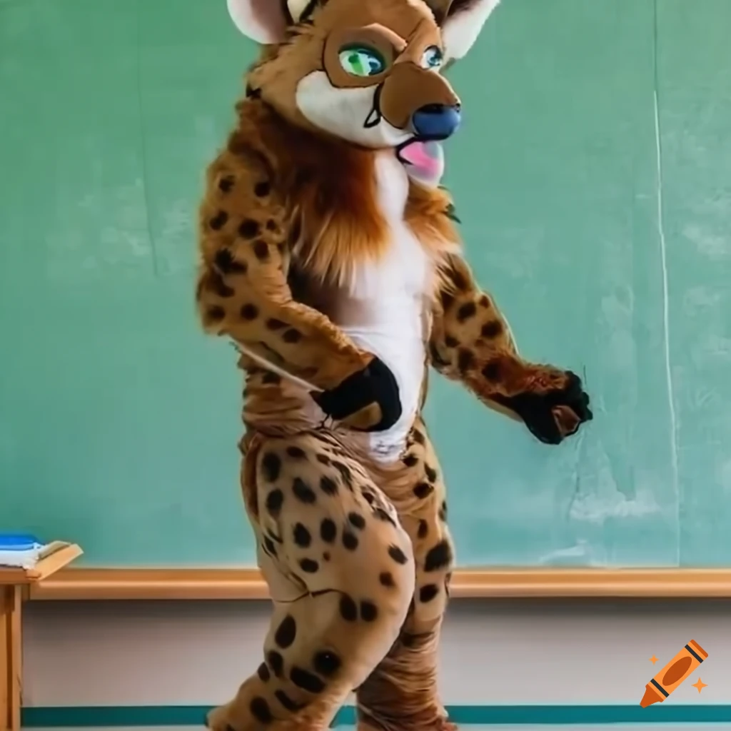 Male teacher in hyena mascot costume in a classroom