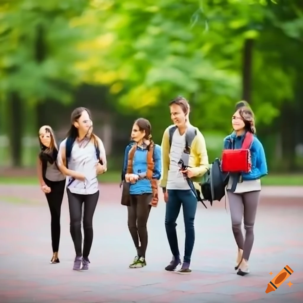 Group of students walking on campus with backpacks