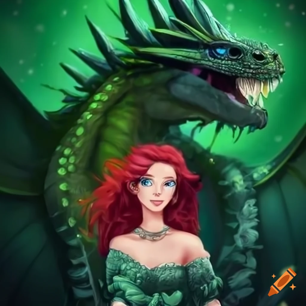 Princess with red hair and blue eyes with her small emerald green ...