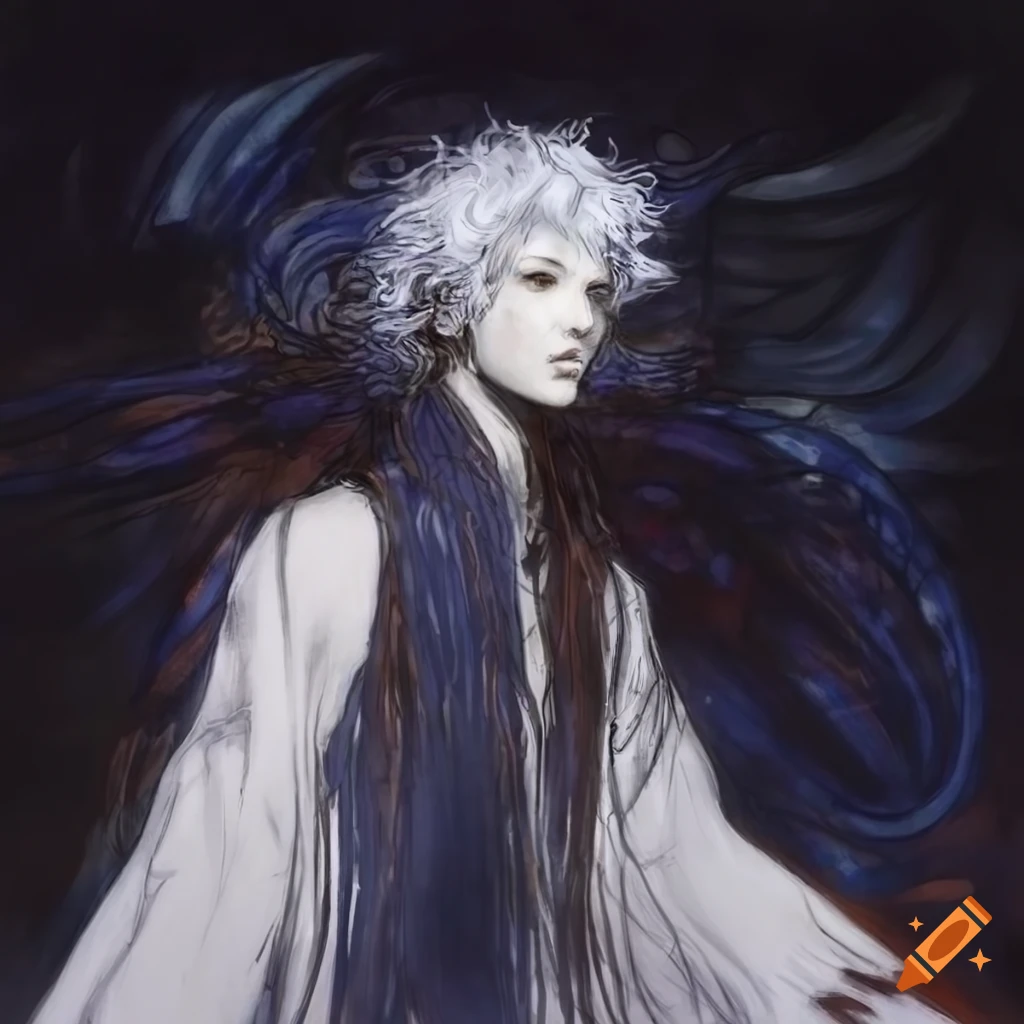 Ethereal man in white robe dancing, Final Fantasy concept art by Yoshitaka Amano