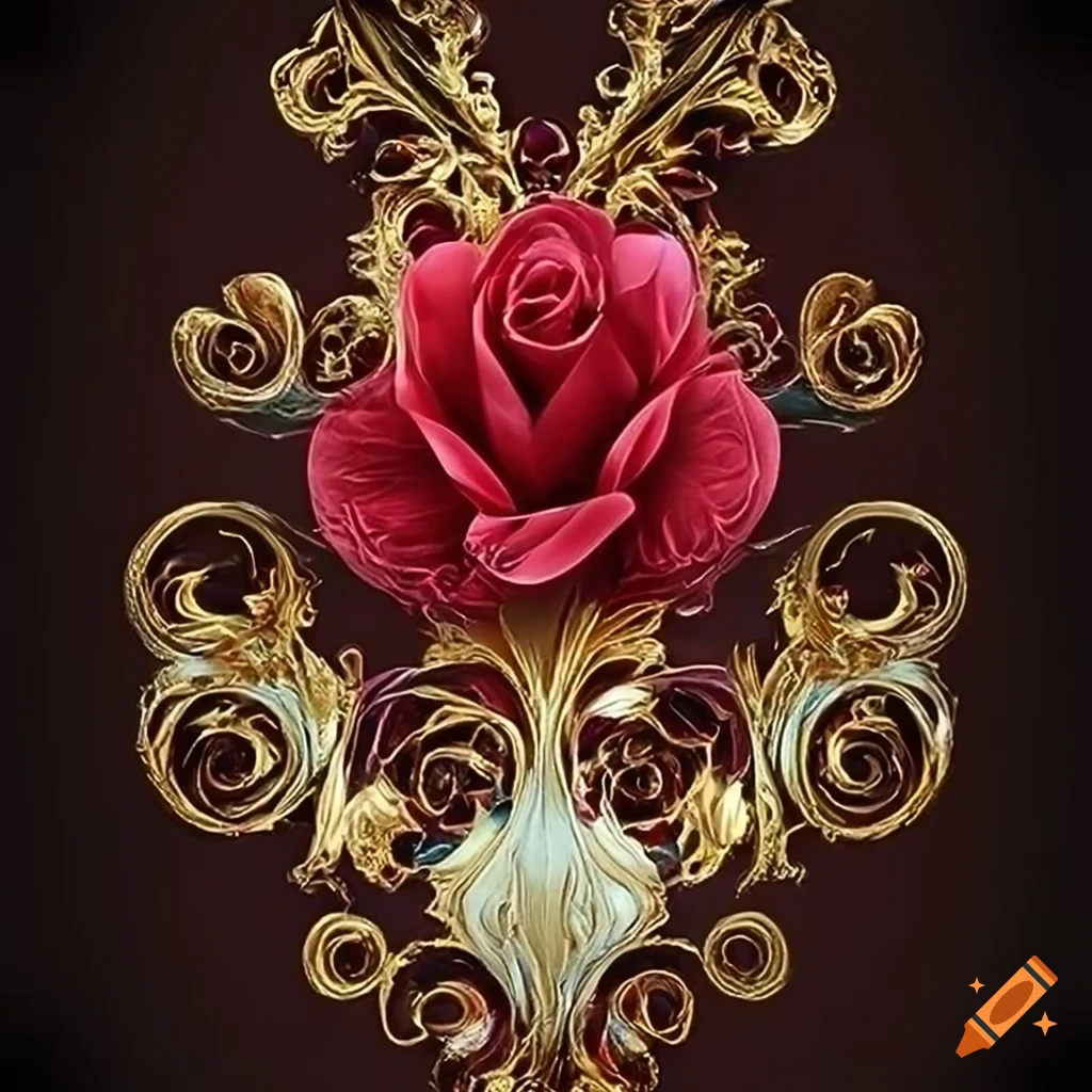 Highly detailed red rose with gold fancy border and intricate lace ...