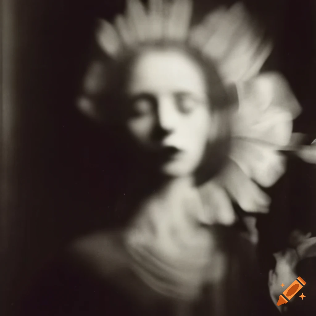 Woman with big flowers in vintage surreal photography on Craiyon