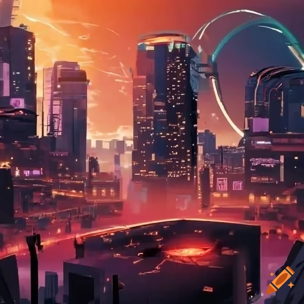 Futuristic cityscape at dusk