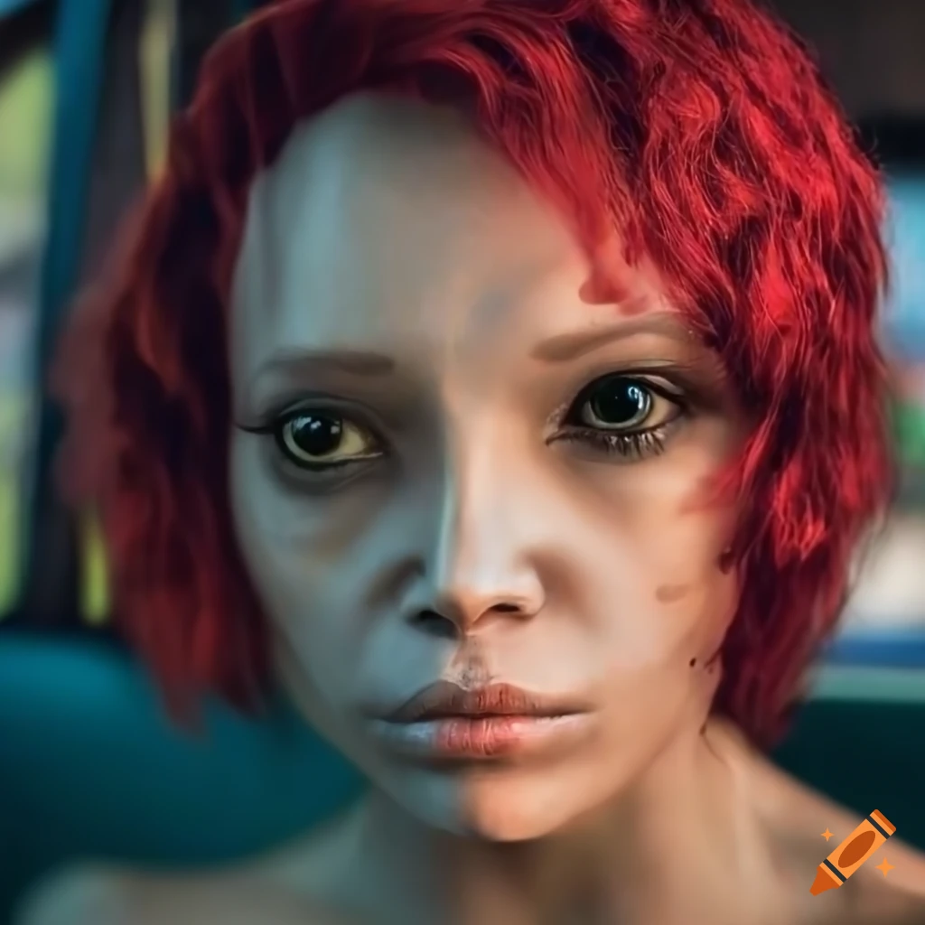 Portrait Of A Humanoid Alien Woman With Maroon Hair And Arabic Features Boarding A Bus On Craiyon 