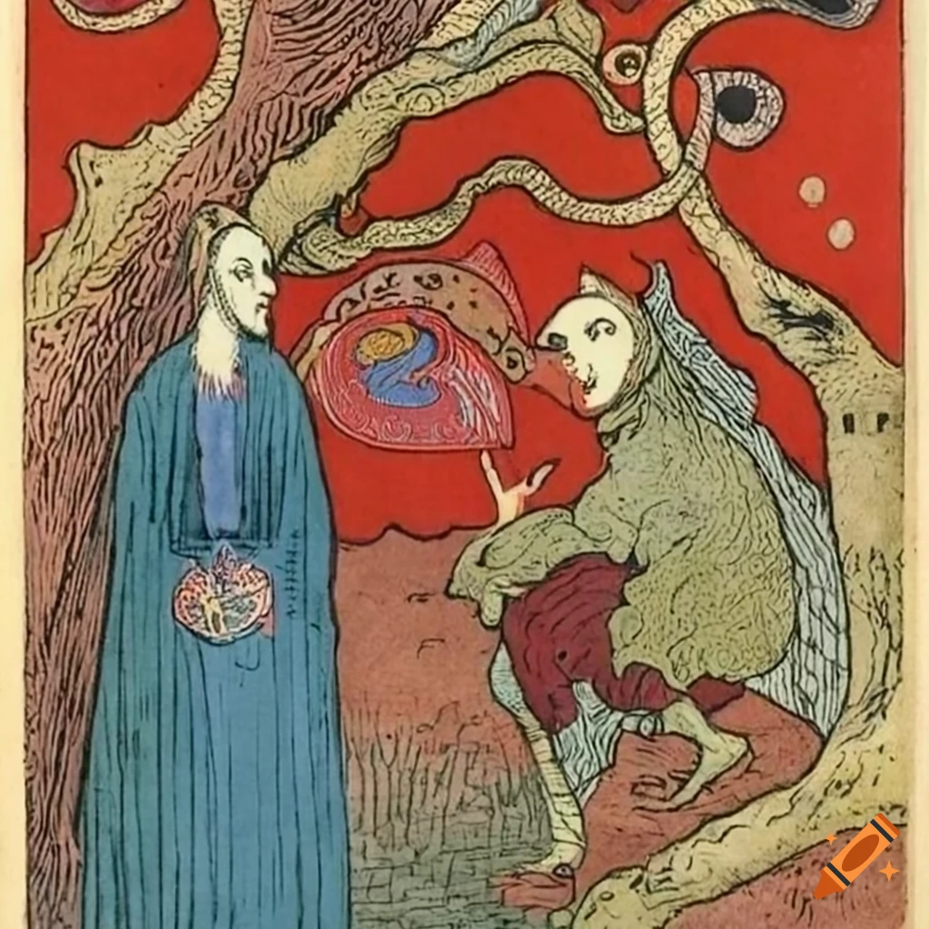 Ecclesiastical baroque theater of the 17th and 18th centuries, Baba Yaga Tarot card by Ivan Bilibin, William Stout, and Hilma af Klint color painting of native Salish creature and animal motifs