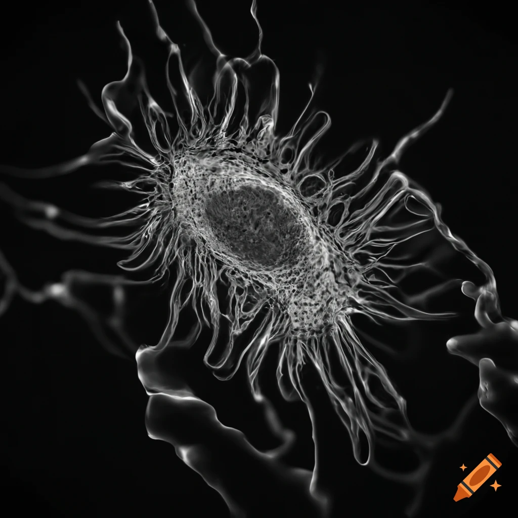 Microscopic black and white image of IgG antibodies interacting with cancerous cells