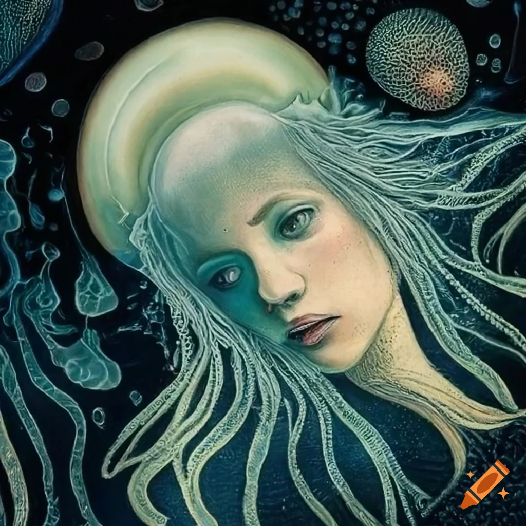 Intricate close-up scene of mermaids on the open sea with jellyfish and cute fitoplacton