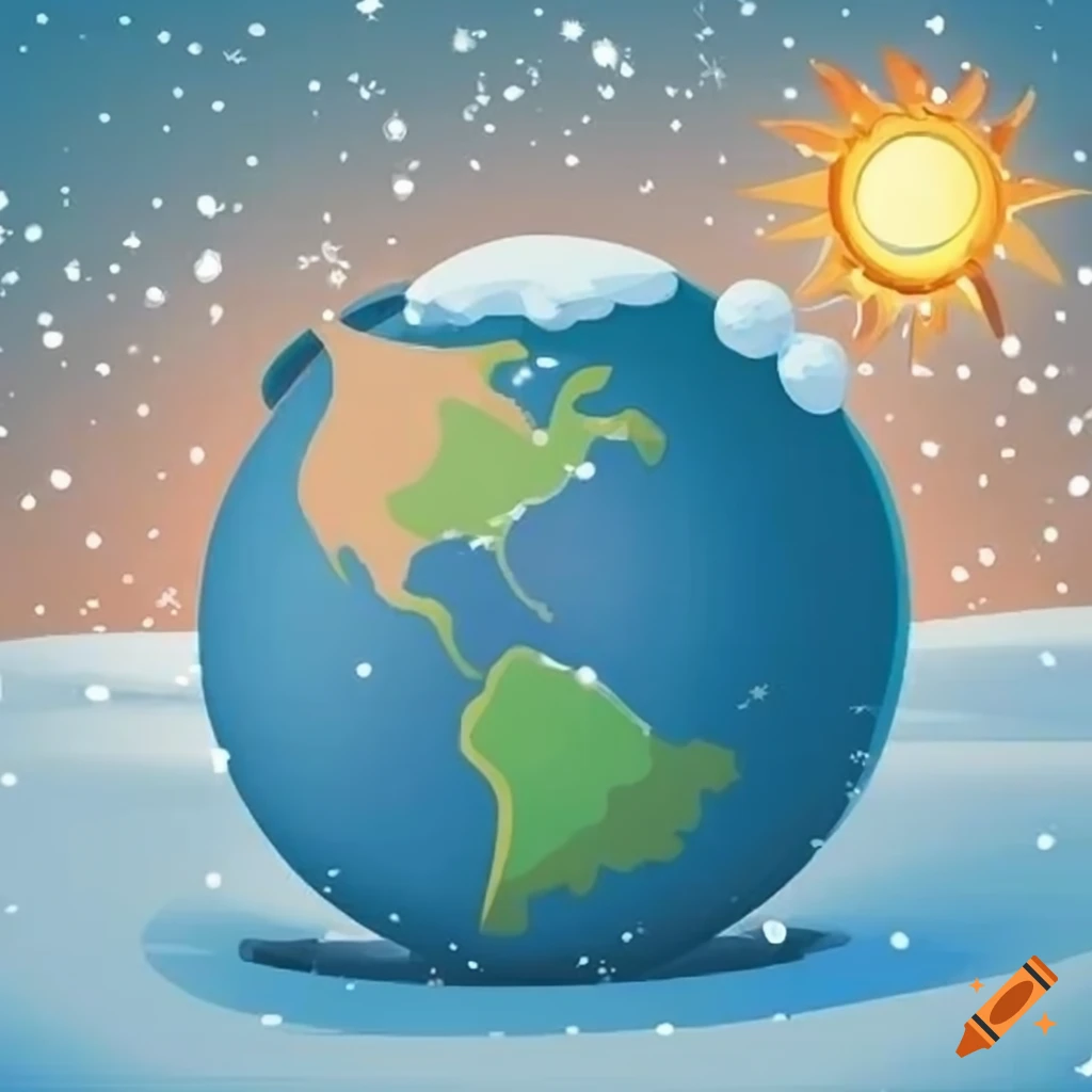 Cartoon globe with snow at the North Pole and sun at the South Pole