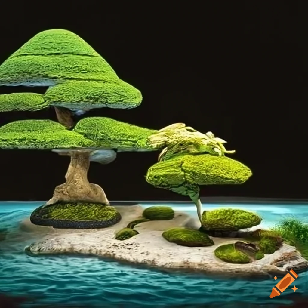 Giardino zen in 3D con alberi bonsai, laghetto con pesci rossi e piccolo tempio zen