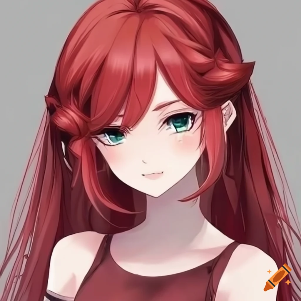 Elegant medium-length red anime girl hairstyle