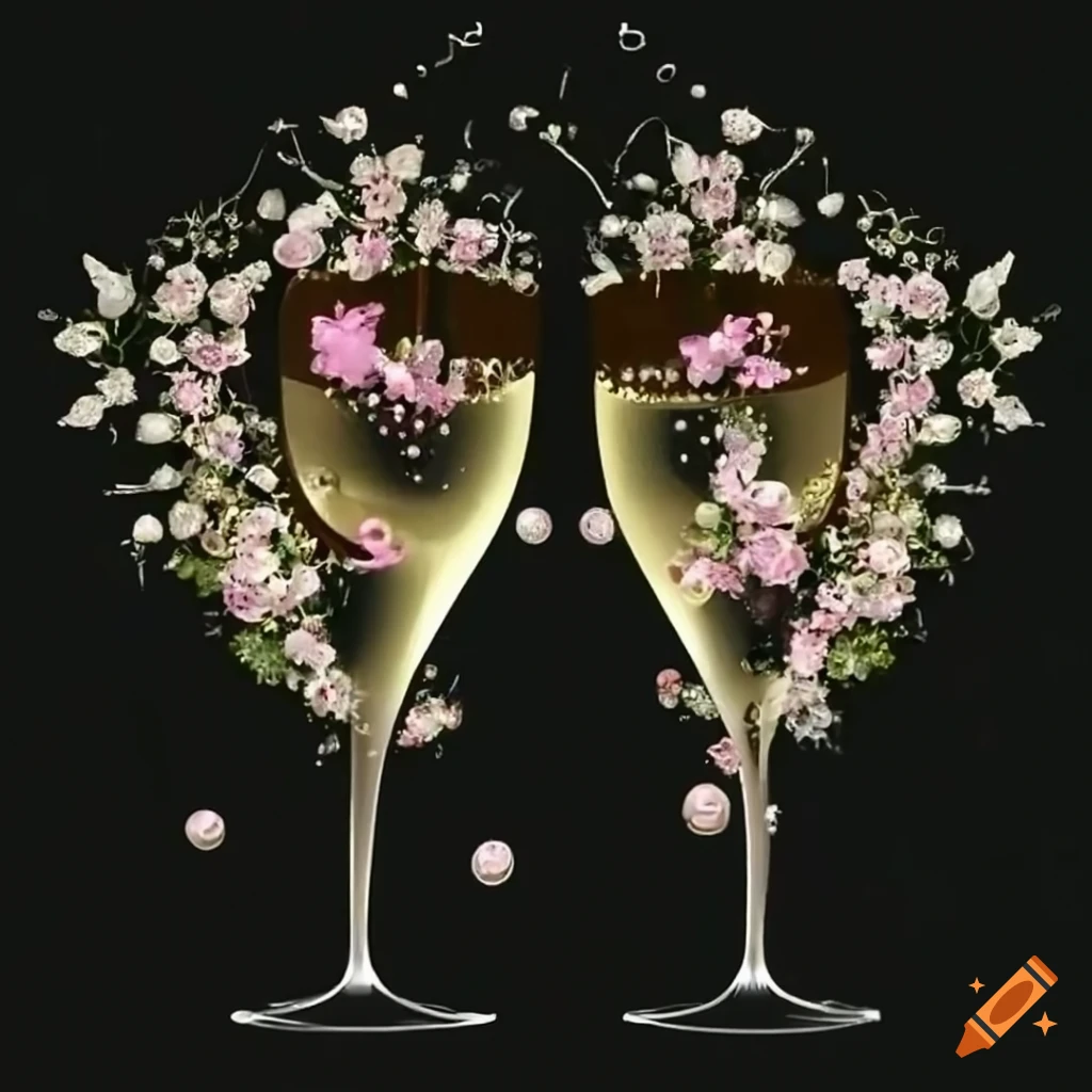 Champagne bubbles intertwining with delicate flowers and vines on Craiyon