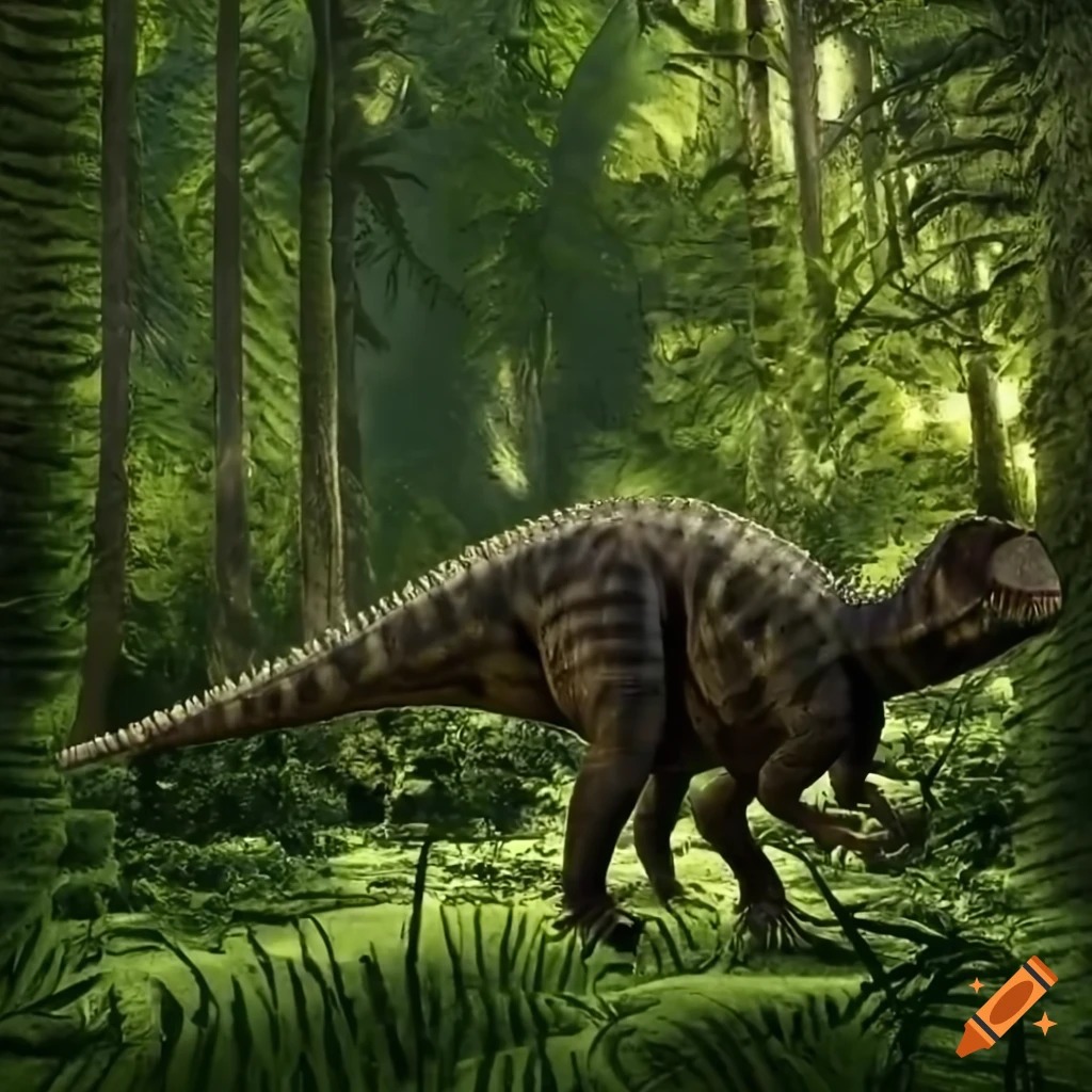 Pachycephalosaurus dinosaurs with intricate lizard-like color pattern and detailed scaly skin texture, walking in fern undergrowth