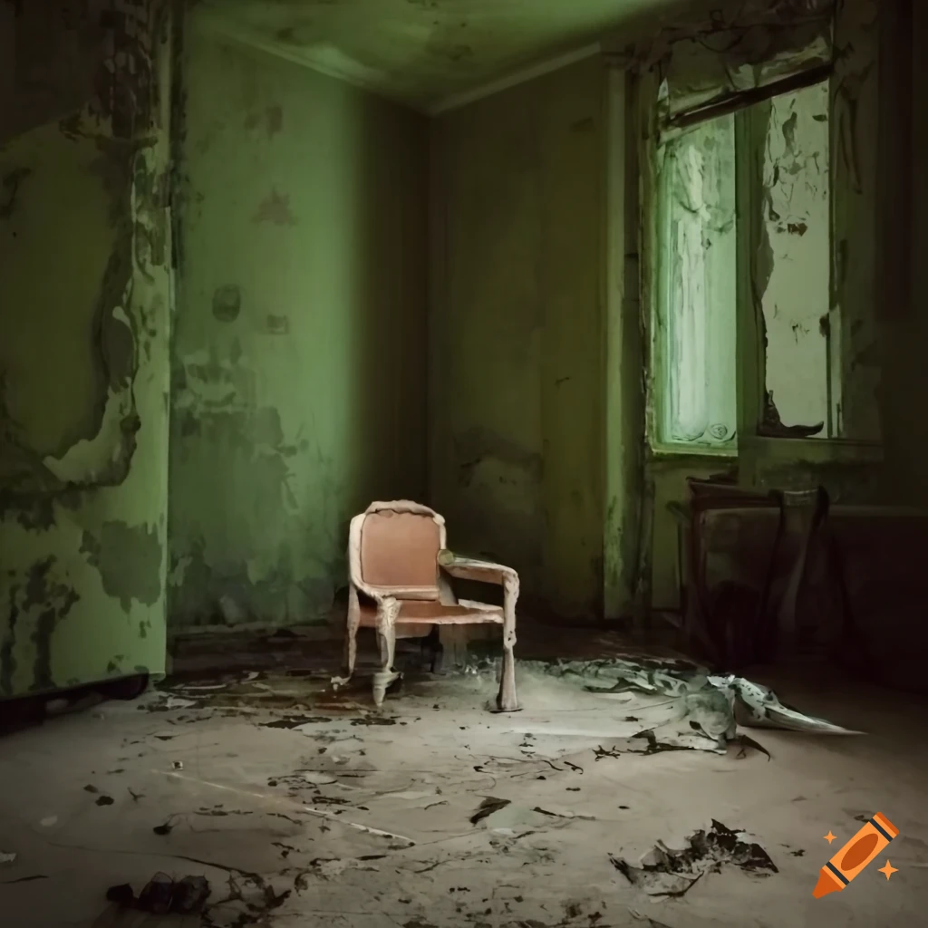 Abandoned ornate room with peeling paint and missing wall leading to a